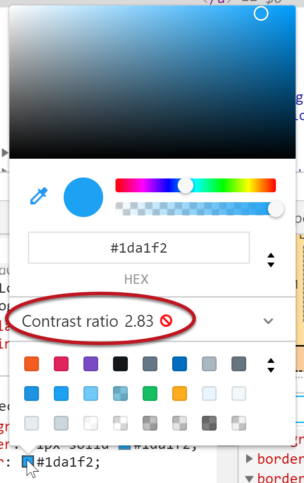 Color picker window with a 2.83:1 contrast flagged as a failure