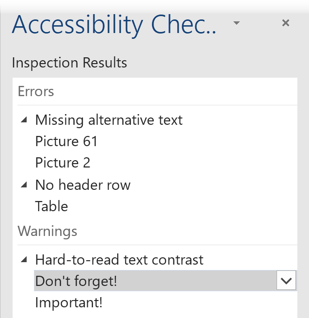 Screenshot of the Microsoft Word Accessibility Checker reporting two instances of low-contrast text