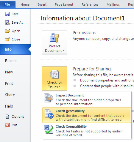 in Word, go to Info, check for issues, check accessibility