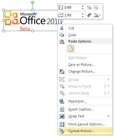 choosing the format picture option in Word