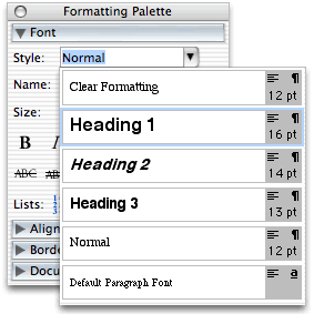 Screenshot of styles dropdown list in Word for Mac.