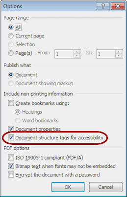 Screenshot of the 'Document structure tags for accessibility' setting checked.