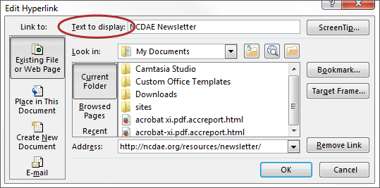 Screenshot of the 'Text to display' field highlighted in the 'Edit Hyperlink' dialog.