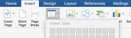 Screenshot of the 'Insert Table' option selected on the 'Insert' ribbon.