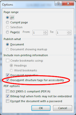 Screenshot of the 'Document structure tags for accessibility' setting checked and highlighted in the 'Options' dialog.