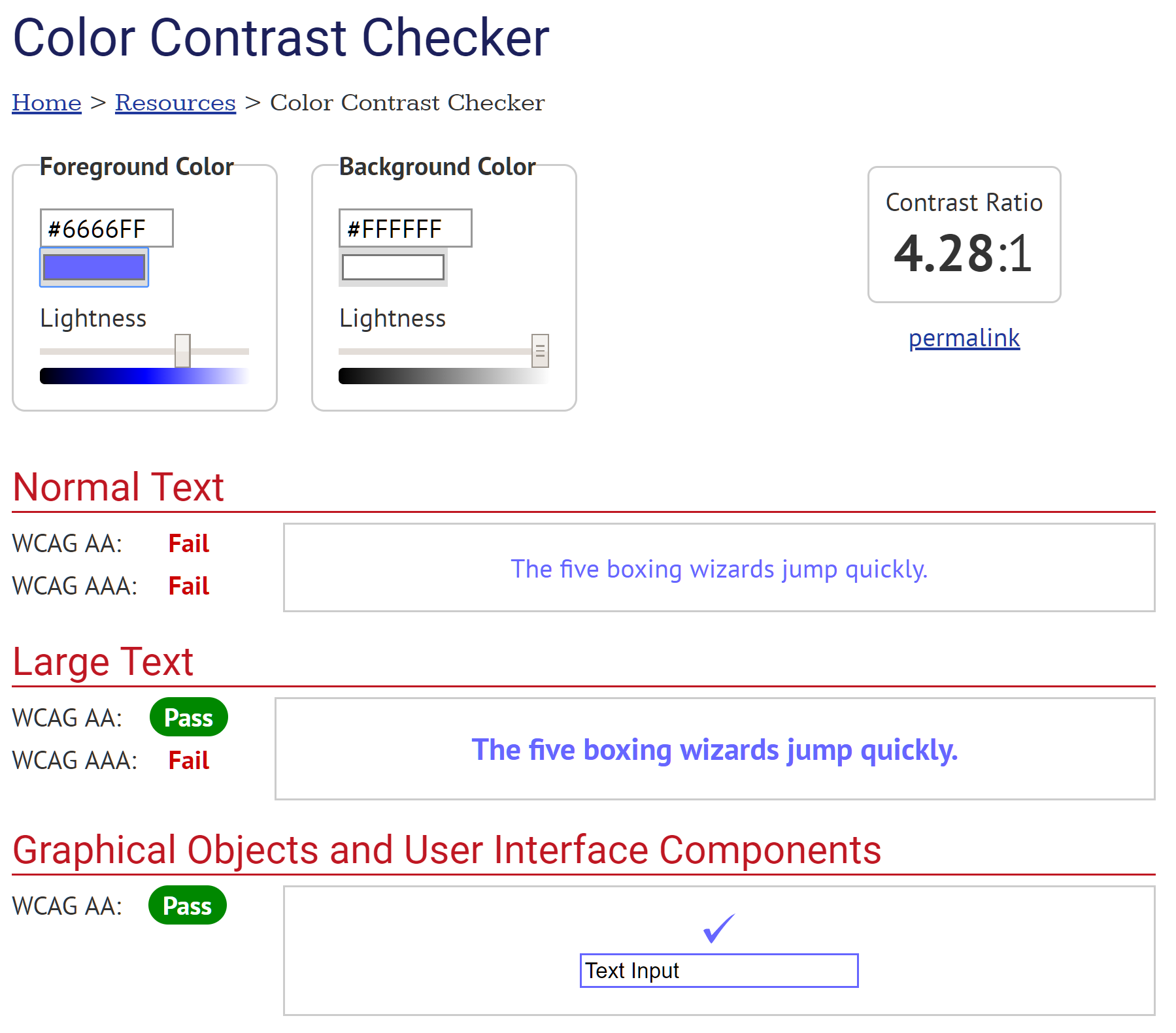 Contrast checker results showing blue on white with 4.28:1 contrast.
