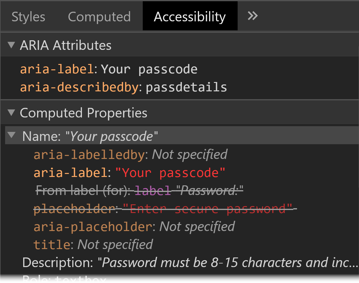 Chrome DevTools Accessibility tab showing that the selected element has aria-label and aria-describedby. It also shows that the aria-label is the accessible name, overriding the label element and placeholder attribute. 