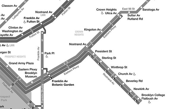 The same transportation map shows different stations and routes between the stations, but color information has been removed.