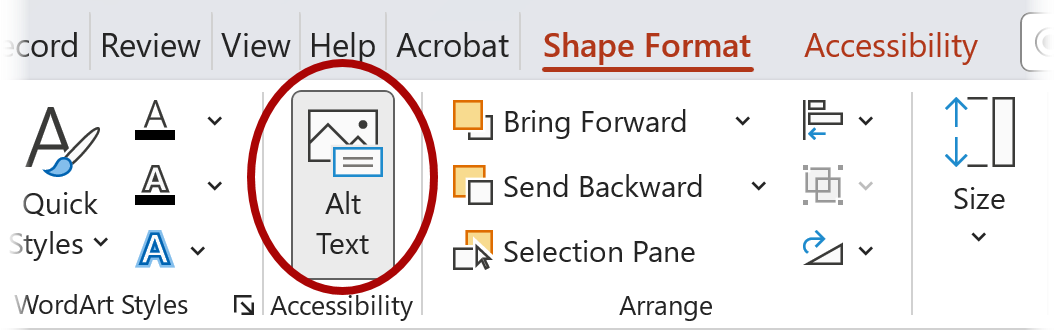 Screenshot of the Shape Format tab with the Alt Text option highlighted