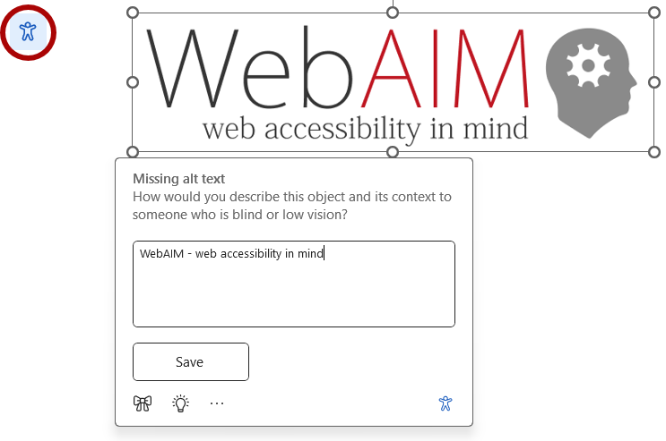 A photo of the WebAIM logo with the inline accessibility icon to its left. Clicking  the icon opens a window where alternative text has been entered.