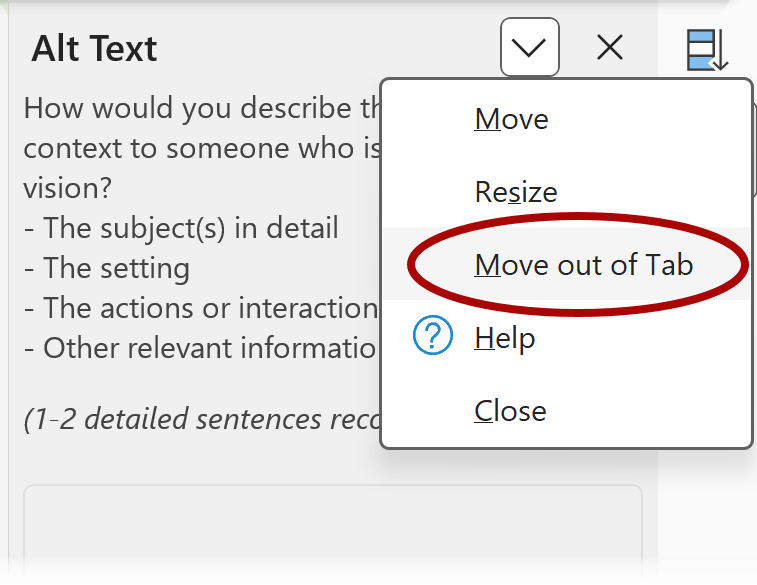 Screenshot with the pane options icon selected (in the upper-right of the pane), a menu expanded, and the Move out of Tab option highlighted.