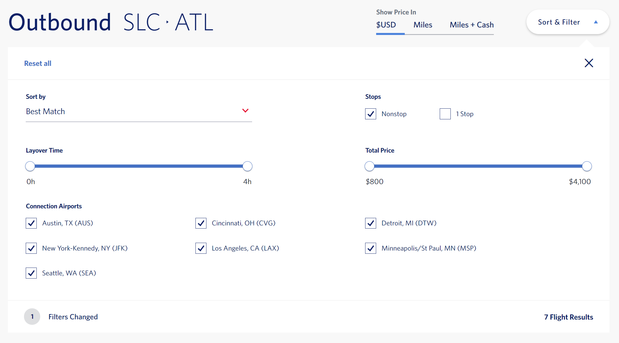 Expanded sort and filter section for an SLC to ATL flight