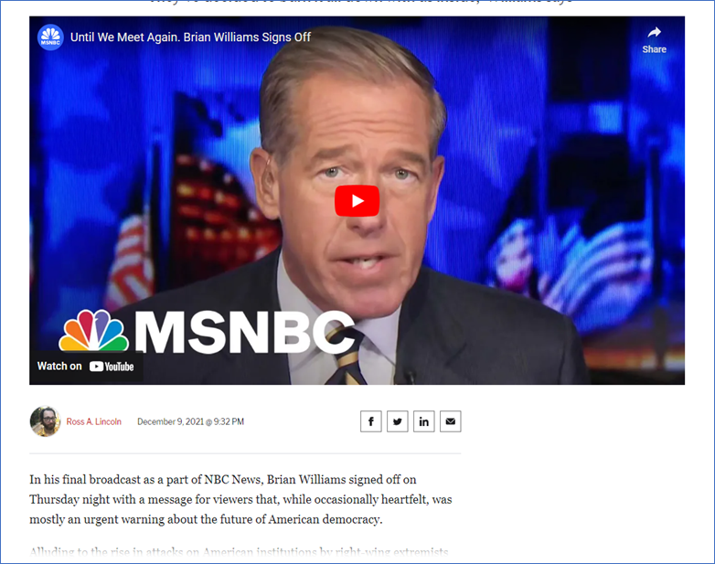 A screenshot of a video of Brian Williams. Text follows the video.