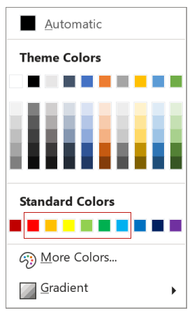 Screenshot of the color picker with the six colors with insufficient contrast highlighted.