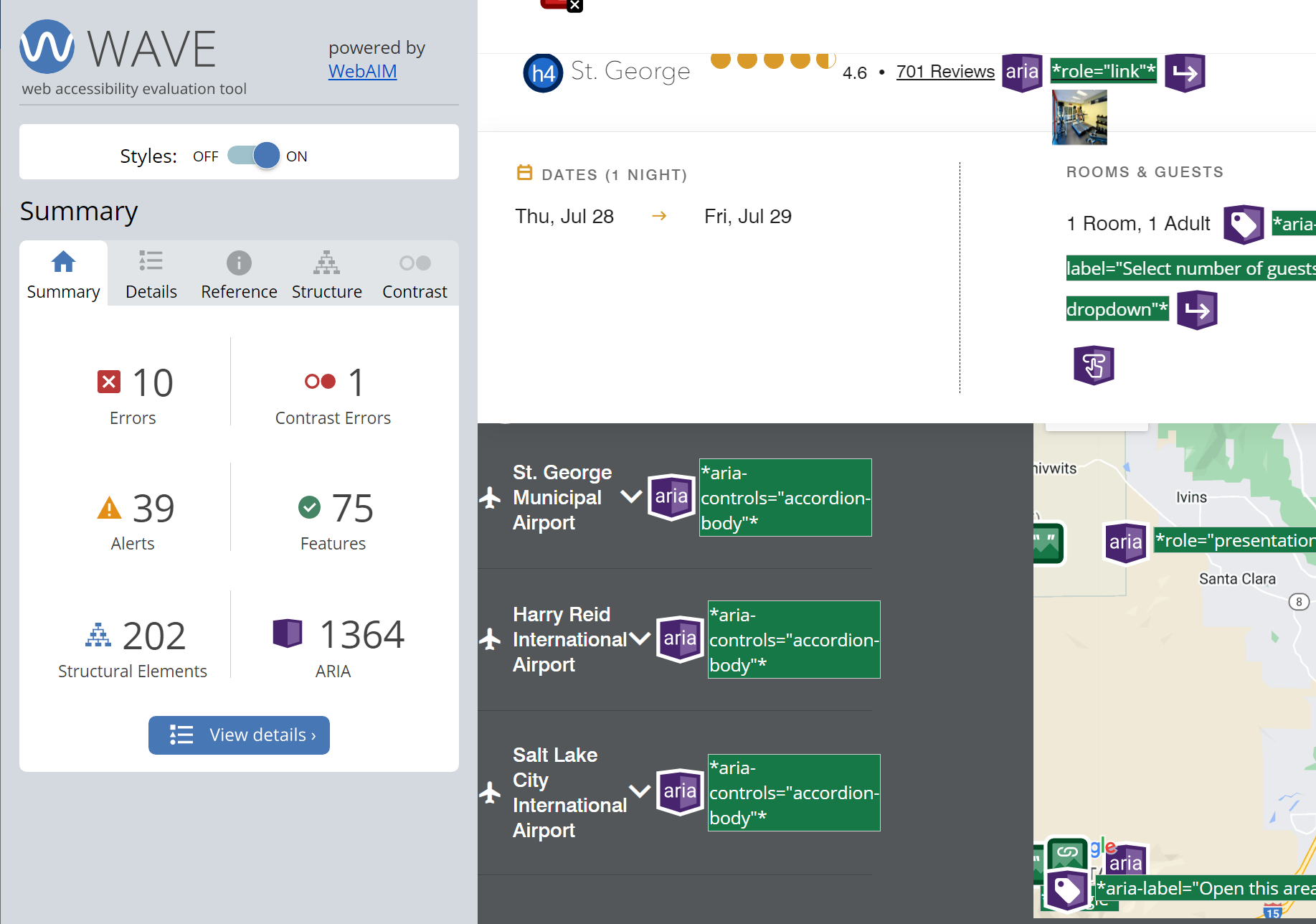 A WAVE report with the overview panel visible. There are about 300 total errors, alerts, features, and structural elements. There are 1364 ARIA results.