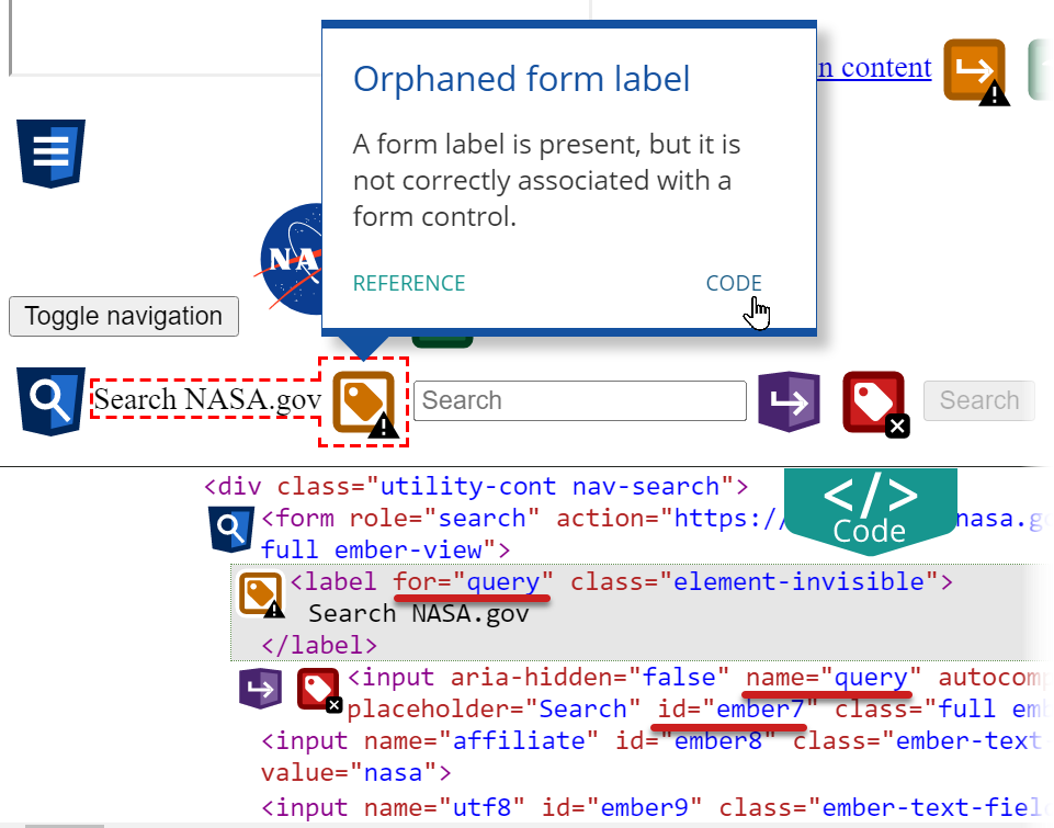 WAVE results with the orphaned form label option selected. The code panel is expanded and is displaying the code for the element with the orphaned form label.