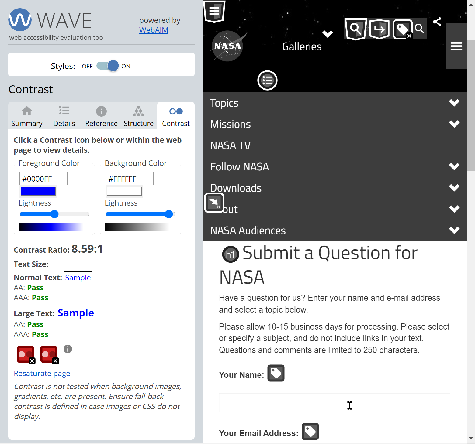 A page with the Desaturate page option applied. Content is in grayscale and there is an option in the sidebar to Resaturate the page