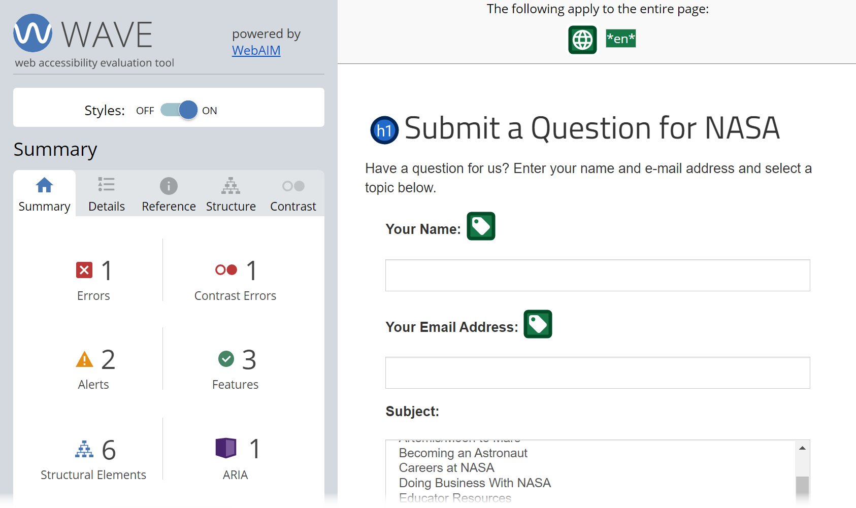 WAVE displaying a very simple form. Results are: 1 error, 1 contrast error, 2 alerts, 3 features, 6 structural elements, and 1 ARIA.