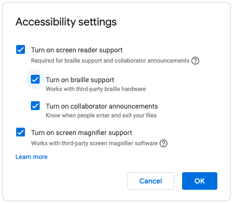 Screenshot of the Accessibility settings dialog.