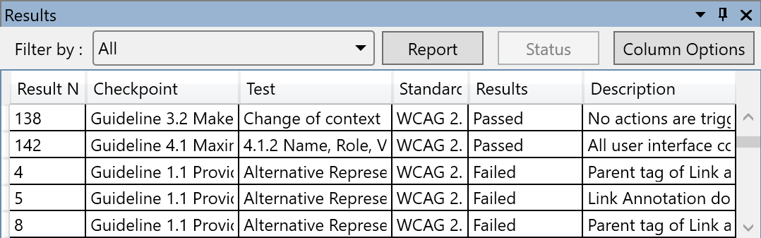 Results panel