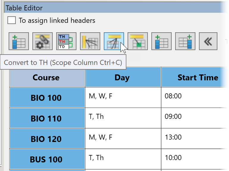 Table Editor panel with the mouse hovering over the button to create column headers
