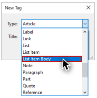 Screenshot of List Item Body highlighted and selected on the Type menu.
