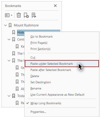 Screenshot showing the Paste under Selected Bookmark option