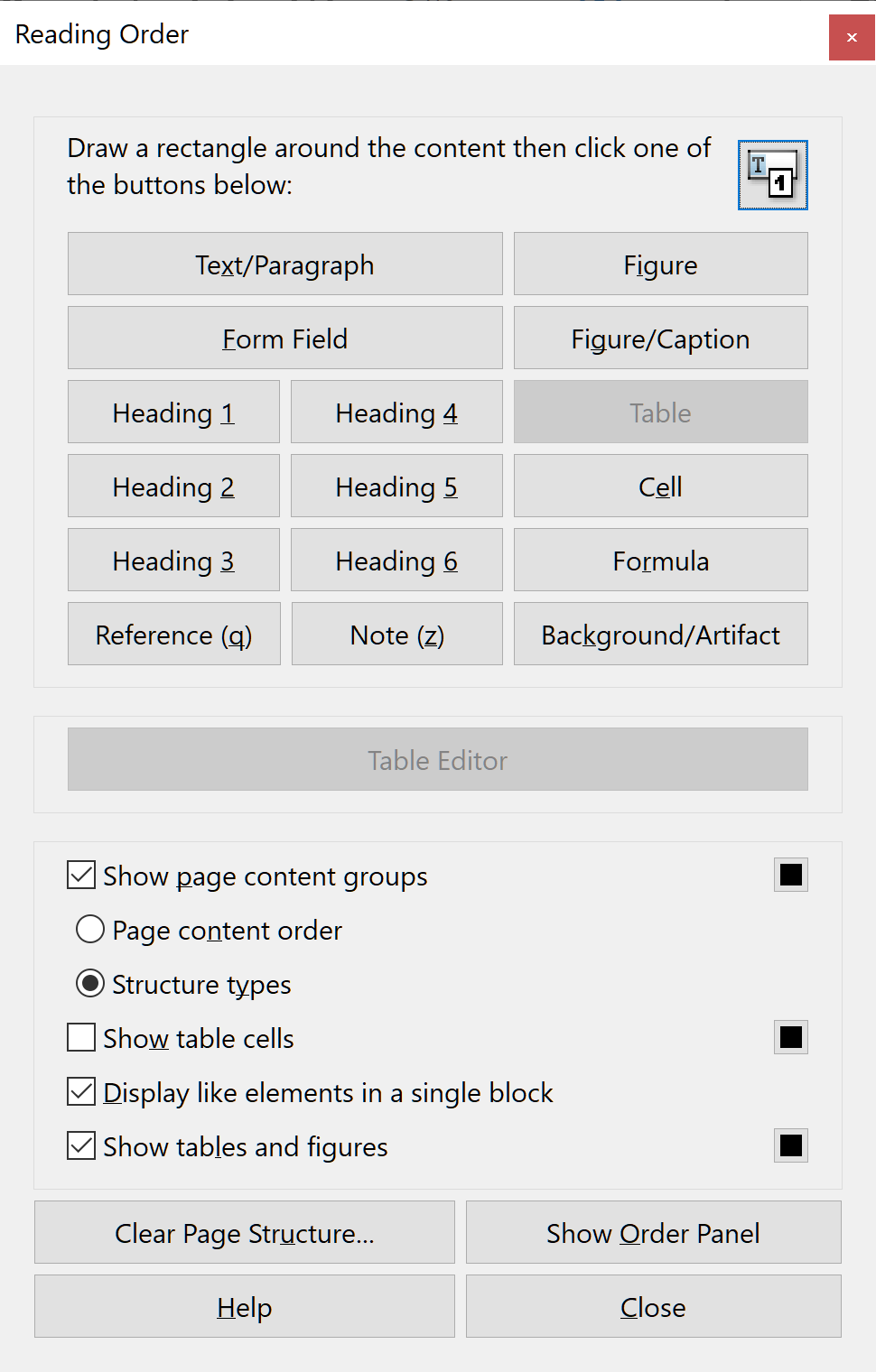 Screenshot of TouchUp Reading Order tool