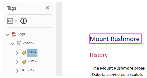  When the H1 tag has focus in the tags tree, the main heading of Mount Rushmore is highlighted