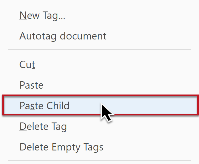 screenshot of tag menu with the Paste Child option highlighted