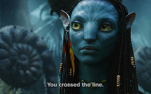 Screenshot from movie Avatar. Captions appear on screen - You crossed the line.