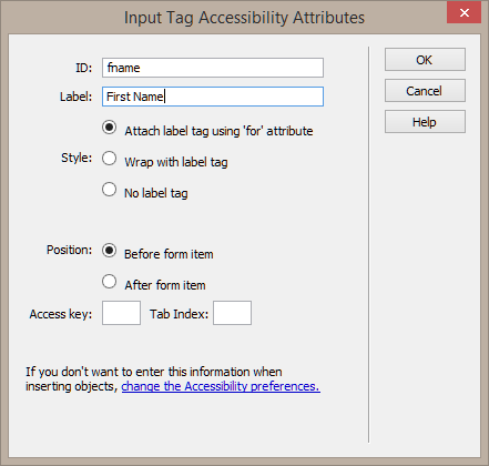screenshot of form label dialog box <img src="images/" width="" height="" alt="Erstellung barrierefreier Inhalte mit Dreamweaver">