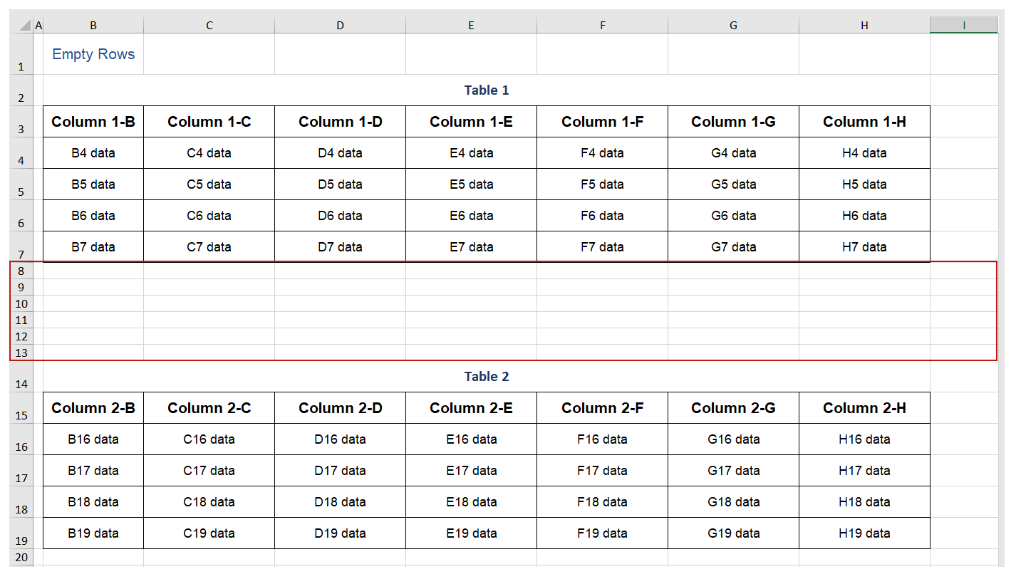 Screenshot of the Empty Rows sheet with empty rows 8 - 13 highlighted.