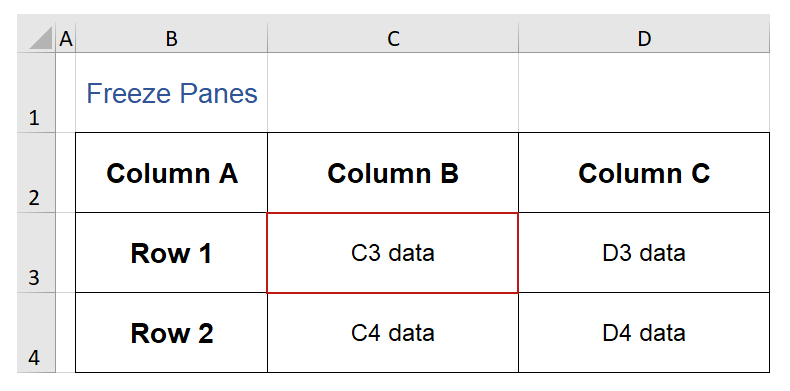 Screenshot of the 'Freeze Panes' sheet with the C# cell highlighted.
