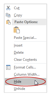 Screenshot of the column label right-click menu with the 'Hide' option highlighted.