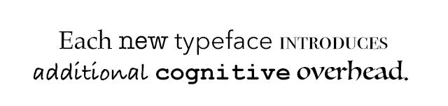 An illustration showing the words 'Each new typeface introduces additional cognitive overhead' in multiple typefaces.
