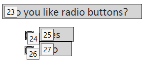 Screenshot of the repaired radio buttons. The reading order number for the first radio button is now 24.