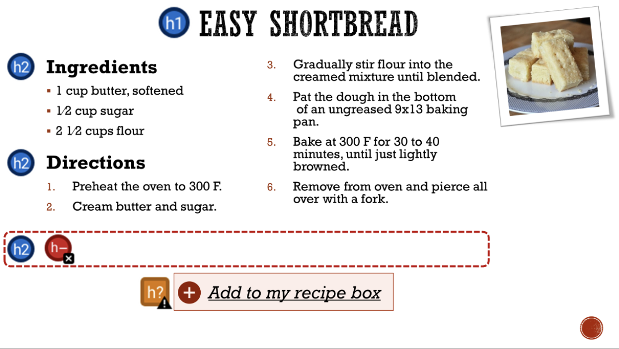 Screenshot of a recipe page with an empty heading present at the bottom.