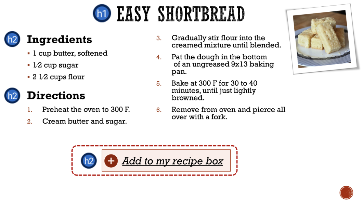 Screenshot of a recipe page showing a heading WAVE icon on a button that is not a heading.