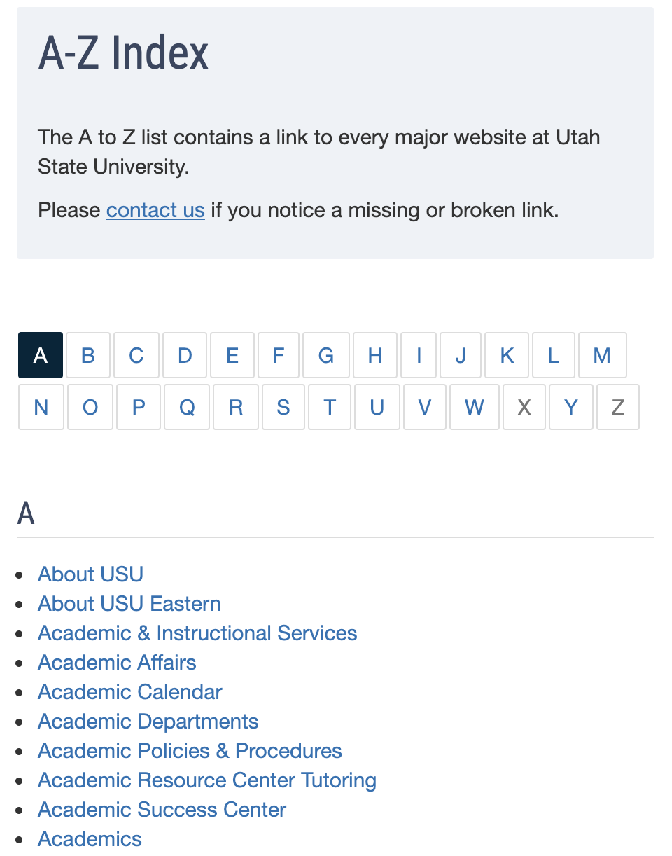 Screenshot of an alphabetical index, with letters at the top linked to corresponding letters sections, which have lists of links that start with those letters