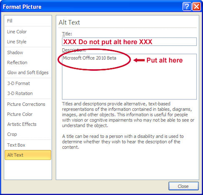 Screenshot emphasizing inserting alt text in the 'Description' field of the 'Format Picture' dialog.