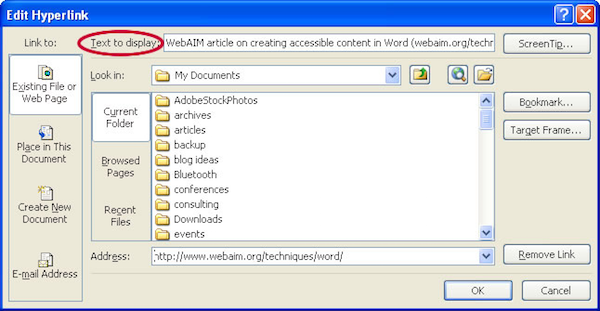 Screenshot of the 'Text to display' field highlighted in the 'Edit Hyperlink' dialog.