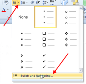 Screenshot of selecting the 'Bullets and Numbering' option from the 'Paragraph' group.