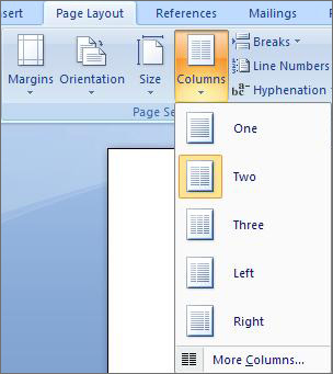Screenshot of the 'Columns' drop-down menu on the 'Page Layout' toolbar.