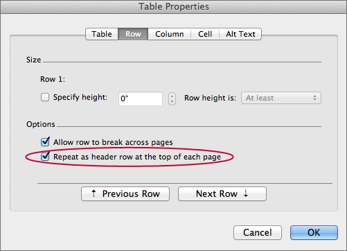 Screenshot emphasizing checking the 'Repeat as header row at the top of each page' checkbox in the 'Options' section of the 'Table Properties' dialog.