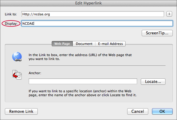 Screenshot of the 'Text to display' field highlighted in the 'Edit Hyperlink' dialog.