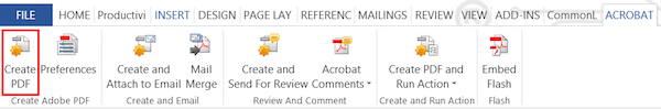 Screenshot of the 'Create PDF' option highlighted on the 'Acrobat' ribbon.