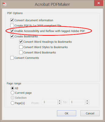 Screenshot of the 'Enable Accessibility and Reflow with tagged Adobe PDF' setting checked and highlighted in the 'Acrobat PDFMaker' dialog.