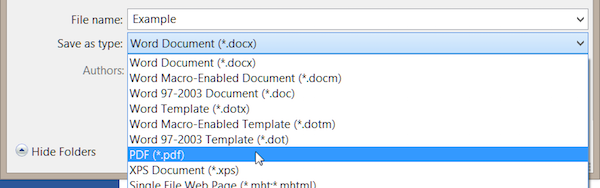 Screenshot of the 'PDF' option selected from the 'Save as type' menu.