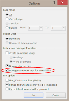 Screenshot of the 'Document structure tags for accessibility' setting checked and highlighted in the 'Options' dialog.